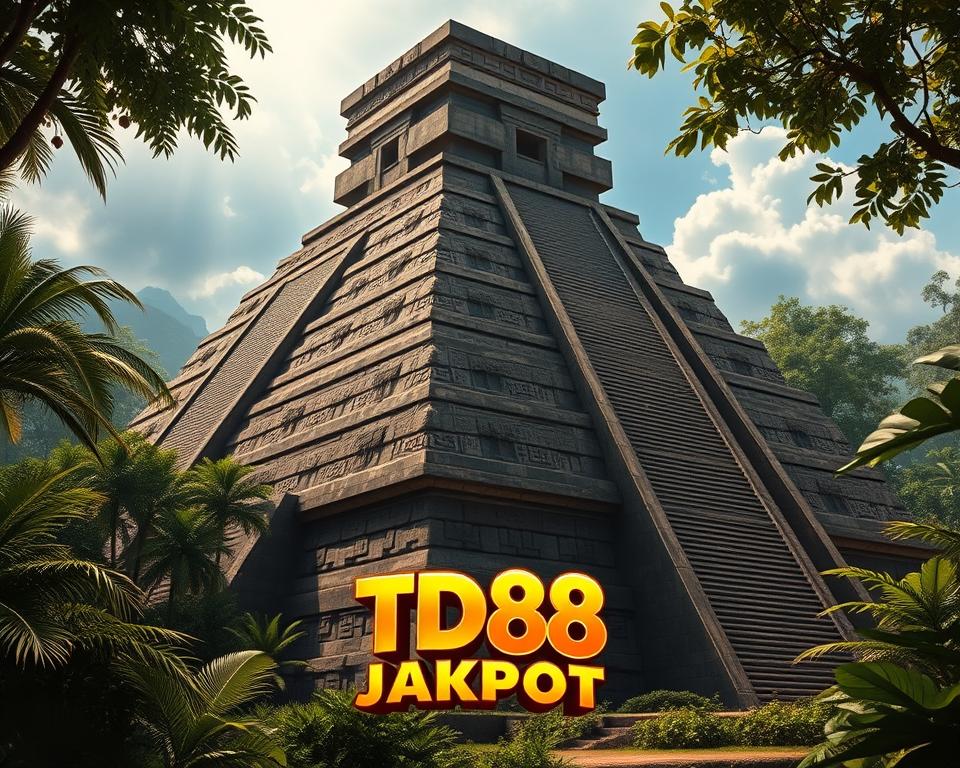 Imposing Aztec-style pyramid standing tall amid a lush, verdant jungle landscape. Intricate stone carvings and glyphs adorn the structure's facade, evoking a sense of ancient mysticism. Sunlight filters through the canopy, casting dramatic shadows and highlights across the weathered surfaces. In the foreground, a glimmering jackpot symbol - the TD88 logo - hovers enticingly, promising untold riches and rewards to those who dare to explore the Aztec treasure trove within.
